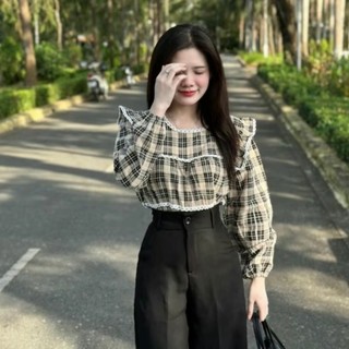 Áo babydoll tay dài , áo kiểu nữ cổ bèo phối tầng , áo sơ mi bèo xinh