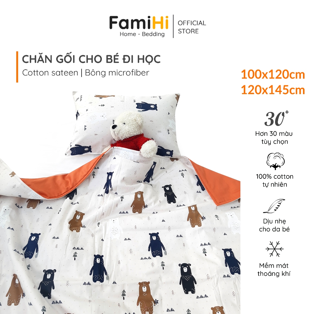 Chăn cho bé đi học mẫu giáo tiểu học du lịch FamiHi cao cấp, mền trẻ em 100% cotton sateen sợi tự nhiên an toàn mềm mát.