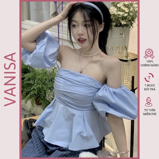 Áo croptop trễ vai bẹt tay phồng kiểu nhún gấp nếp trắng đen giá rẻ cao cấp VANISA CT028