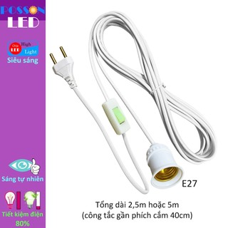 Đui đuôi chui bóng đèn E27 liền dây điện có công tắc và phích cắm dài 2,5m 5m đuôi xoáy fi27 LH-SPx