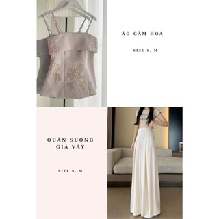 Set Áo Gấm Thêu Hoa Phối Quần Suông Rộng Xếp Ly Trước Giả Váy Màu Kem