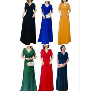 Đầm dạ hội trung niên voan chiffon cổ V xếp ly tay xẻ đính đá nhấn ly eo gọn dáng, Đầm dạ hội voan trung niên 75kg