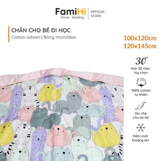 Chăn mền cho bé đi học mầm non tiểu học du lịch FamiHi cao cấp, họa tiết trẻ em đẹp, 100% cotton sateen sợi tự nhiên.