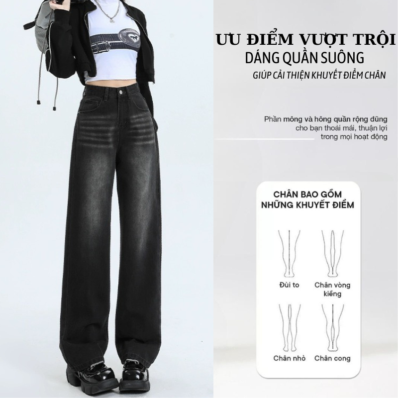 Quần Jeans Nữ Wash Xanh RETRO Ống Rộng Suông HARI Cạp Cao Tôn Dáng, Quần Bò Nữ Ống Suông Rộng Wash Ánh Bạc Đủ Size Màu | BigBuy360 - bigbuy360.vn