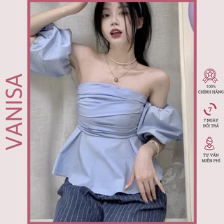 Áo croptop tay phồng trễ vai kiểu nhún bẹt gấp nếp trắng đen xanh VANISA CT028