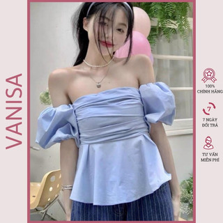 Áo bẹt trễ vai tay phồng kiểu nhún gấp nếp trắng đen xanh VANISA CT028