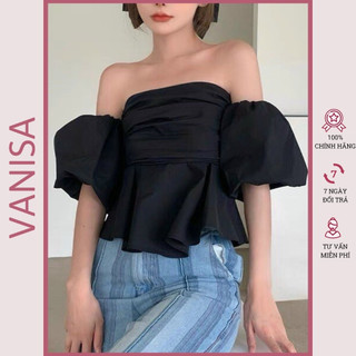 Áo bẹt trễ vai tay bồng kiểu nhún gấp nếp trắng đen xanh VANISA CT028