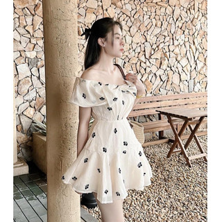 Đầm Xoè Nữ Trễ Vai Hoa Đen Nhí Dáng Ngắn Có Mút Ngực Chất Liệu Tơ Xốp Mặc Tôn Dáng Đi Tiệc Đi Chơi JS03