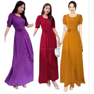 Đầm dạ hội trung niên đi tiệc vải voan size 65kg hoa eo phối vạt che bụng, Đầm dạ hội voan trung niên giấu bụng size lớn