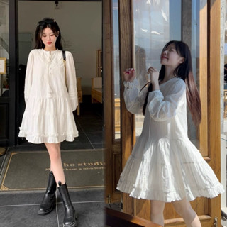 Váy trắng nữ dáng suông cổ tàu, Đầm babydoll dài tay dáng ngắn xoè, đầm nữ cổ tròn phong cách nhẹ nhàng order Quảng Châu