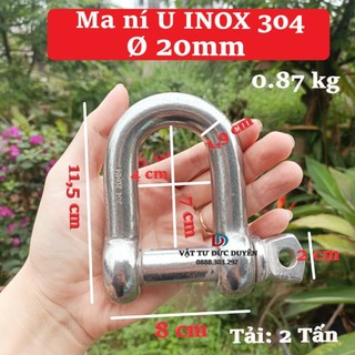 Ma ní chữ U Inox 304 [ Ø 20mm ] - Tải trọng 2.000 kg - Không han rỉ, sáng bóng