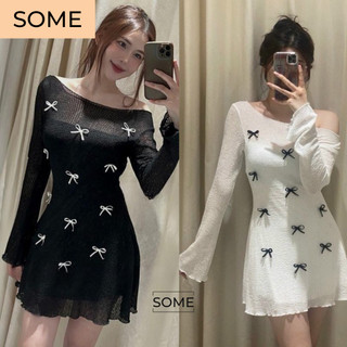 Váy nữ kiểu xòe dáng ngắn đính nơ, Đầm nữ xòe gắn nơ, váy thiết kế dáng xòe tay loe đính nơ xinh xắn sang chảnh- D039