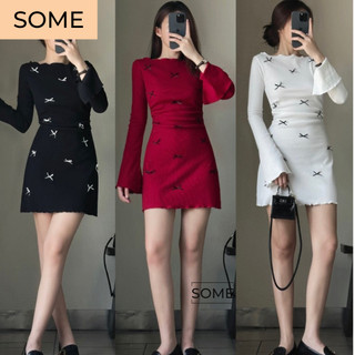 Đầm nữ tay dài cổ thuyền tay loe thiết kế đính nơ xinh xắn chất thun gân tăm xịn co dãn tôn dáng-D035