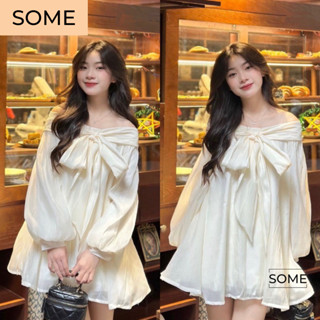 Đầm ngắn nữ kiểu áo dấu quần , áo kiểu trễ vai tay bồng xòe thắt nơ 2 lớp chất voan tơ cực đẹp- D03