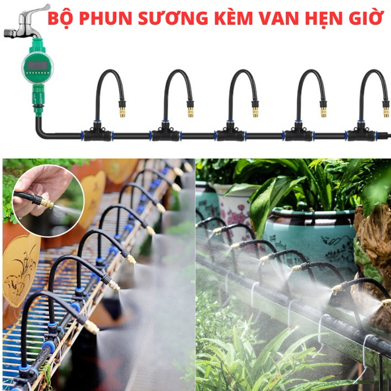 Bộ KIT tưới phun sương tự động kèm van hẹn giờ, vòi phun sương đồng có thể uốncong điều chỉnh hướng tưới mọi vị trí