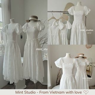 Váy trắng dài hoa thêu chun ngực tay bồng Chiboo