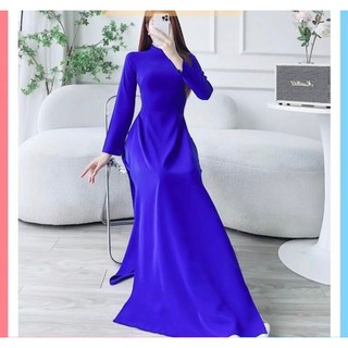 Áo dài trơn 2 tà màu xanh coban đậm lụa Mỹ cao cấp