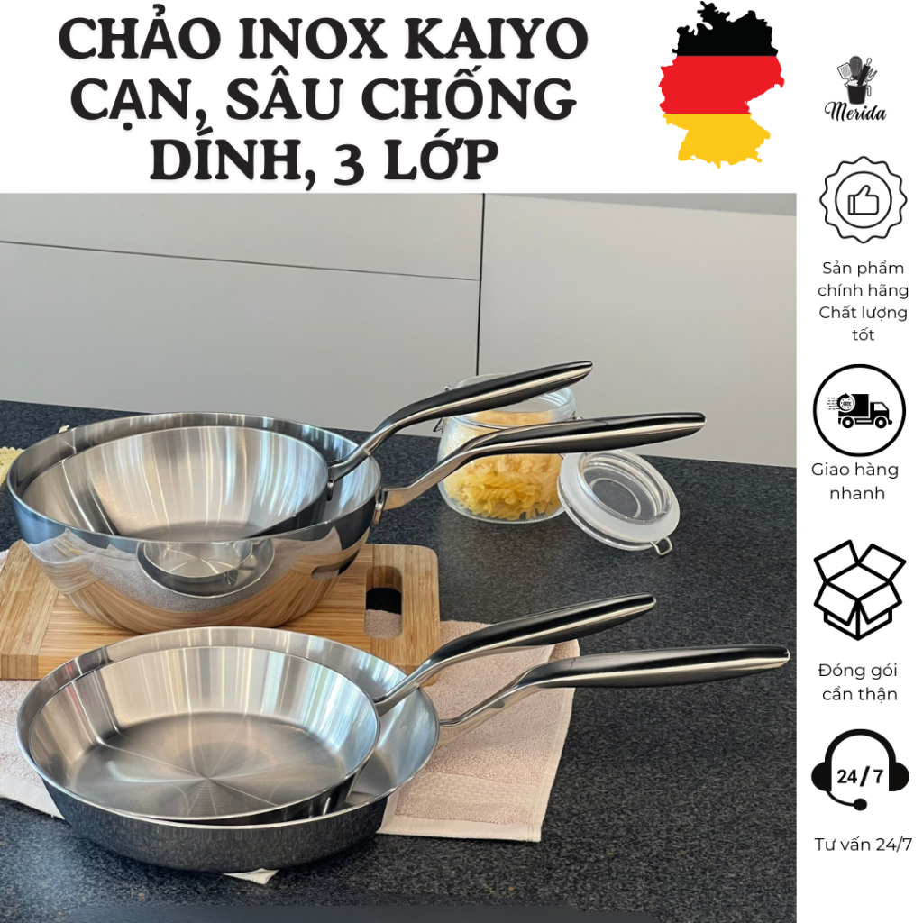 Chảo inox chống dính nguyên khối Kaiyo Nhật, chảo 3 lớp đáy liền, tay cầm chống nóng, bếp từ