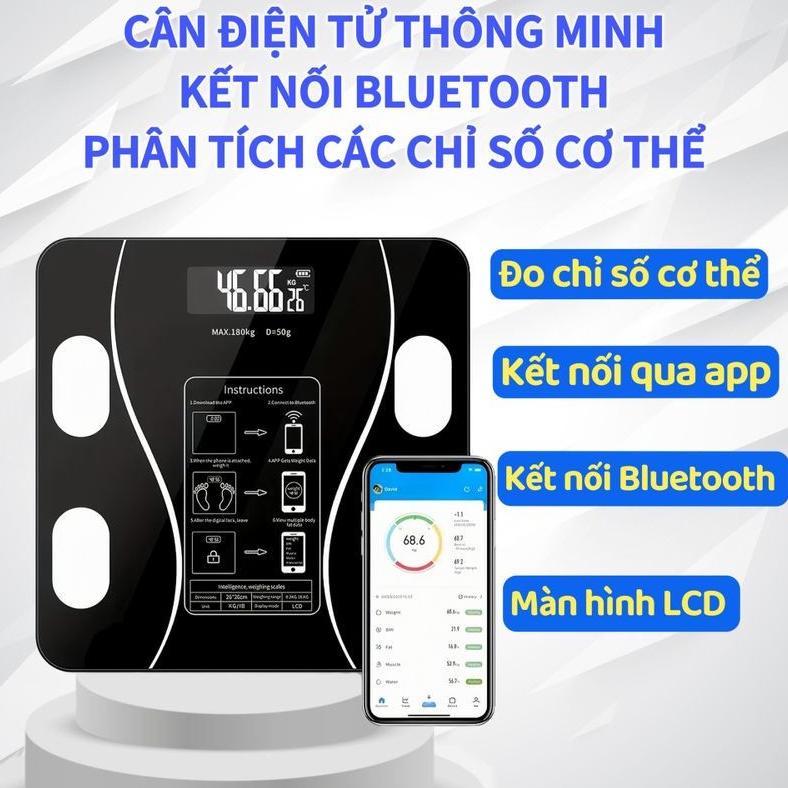 Cân Điện Tử Thông Minh , Kết Nối Điện Thoại, Đo Chỉ Số Sức Khỏe Kiểm Soát Ăn Uống