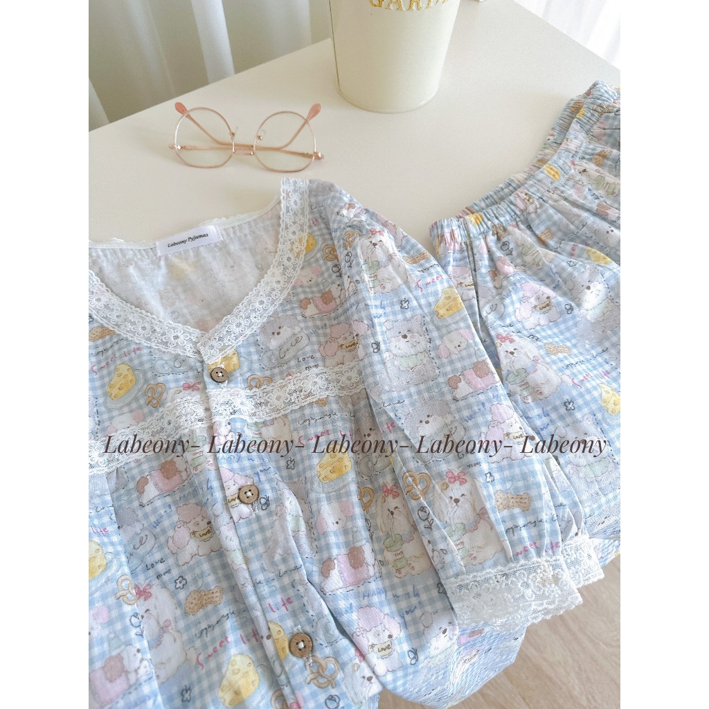 Đồ bộ nữ mặc nhà Pyjama Cotton Hoạt Hình phối ren xinh ngắn dài Labeony