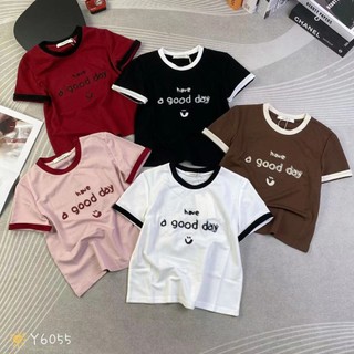 Áo thun baby tee nữ tay ngắn cổ tròn viền màu in chữ a good day hàng Quảng Châu chất cotton, áo phông hè hàn quốc 6055