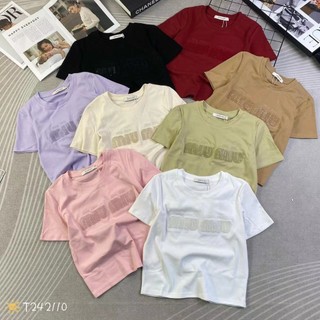 Áo thun baby tee nữ tay ngắn cổ tròn thêu chữ m m hàng Quảng Châu chất cotton ctoptop mùa hè 242110