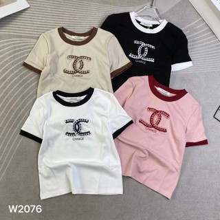 Áo thun baby tee nữ tay ngắn cổ tròn viền màu thêu chữ X change hàng Quảng Châu chất cotton, áo phông hè hàn quốc 2076