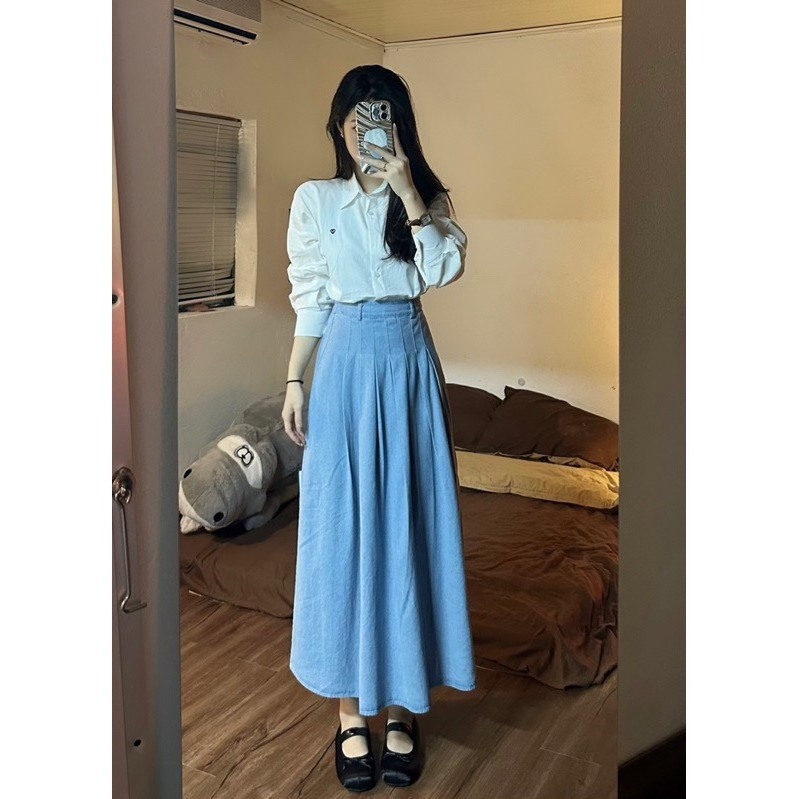 Chân váy jean dáng dài lưng chun Basic - Heppy CV3304_P10K8
