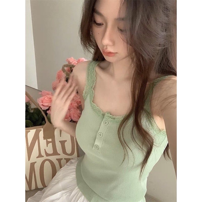 Áo Croptop Dệt Kim, Áo 2 Dây CÓ MÚT Viền Ren Cài Cúc Ôm Body Thời Trang Mùa Hè Quyến Rũ Phong Cách Hàn Quốc Shopquacam | BigBuy360 - bigbuy360.vn