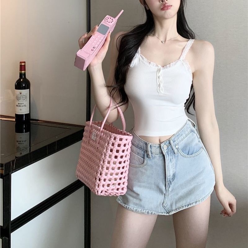 Áo Croptop Dệt Kim, Áo 2 Dây CÓ MÚT Viền Ren Cài Cúc Ôm Body Thời Trang Mùa Hè Quyến Rũ Phong Cách Hàn Quốc Shopquacam | BigBuy360 - bigbuy360.vn
