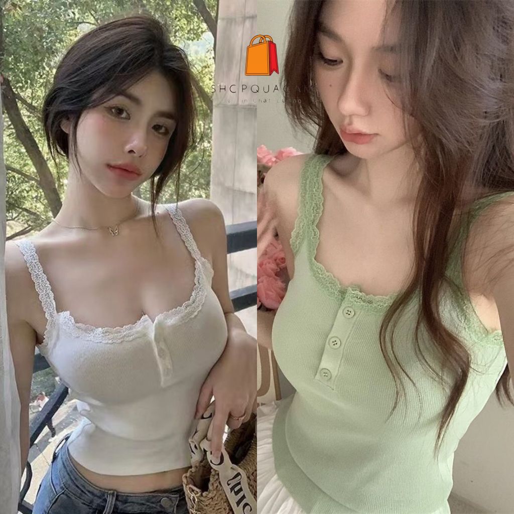 Áo Croptop Dệt Kim, Áo 2 Dây CÓ MÚT Viền Ren Cài Cúc Ôm Body Thời Trang Mùa Hè Quyến Rũ Phong Cách Hàn Quốc Shopquacam | BigBuy360 - bigbuy360.vn