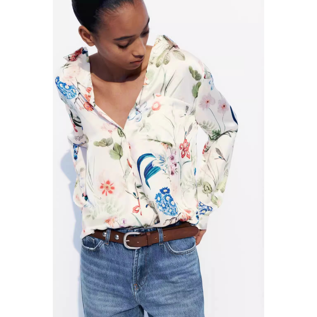 Zara Morocco full tag - Áo Zara sơ mi hoa xanh vàng lụa