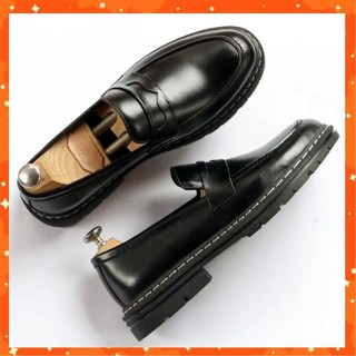 Giày Loafer Penny Nam Tăng Chiều Cao Không Dây Da Mềm Cao Cấp Đế Khâu Phối Chỉ Trắng Thời Trang Trẻ Trung
