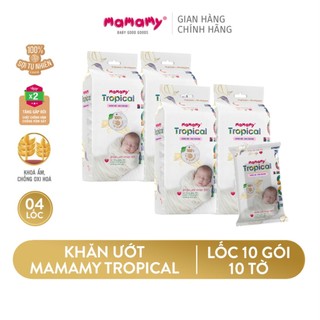 Lốc 10 gói khăn ướt Mamamy Tropical mini 10 tờ/gói chất liệu sợi 100% sợi tự nhiên và rayon