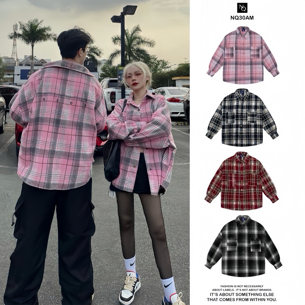 Áo Sơ Mi Flannel NQ30 Tay Dài Caro Form Rộng Nam Nữ Unisex