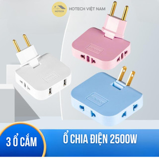 Ổ cắm chia điện 2500W nhỏ gọn tiện lợi xoay 180 độ chia 3 chân tròn dẹt với màu đen trắng xanh hồng Hotech OCH
