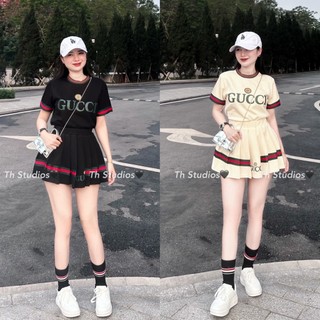 Set váy sang chảnh, cho nàng đí chơi, chụp ảnh, set áo cổ tròn tay ngắn viền phối chân váy xêp ly
