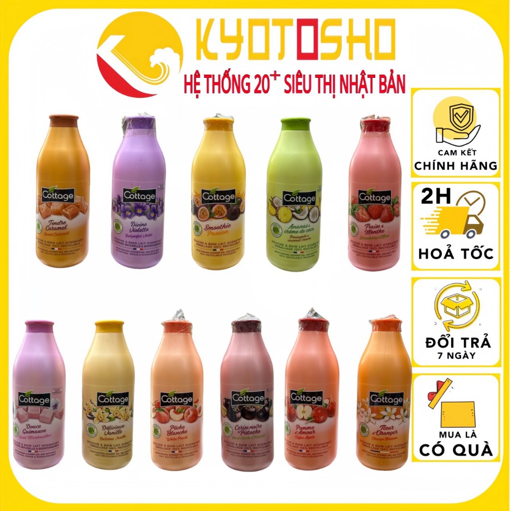 Sữa tắm Cottage dưỡng ẩm trắng da 750ml Của Pháp, sữa tắm tẩy tế bào chết trắng da hương nước hoa Co