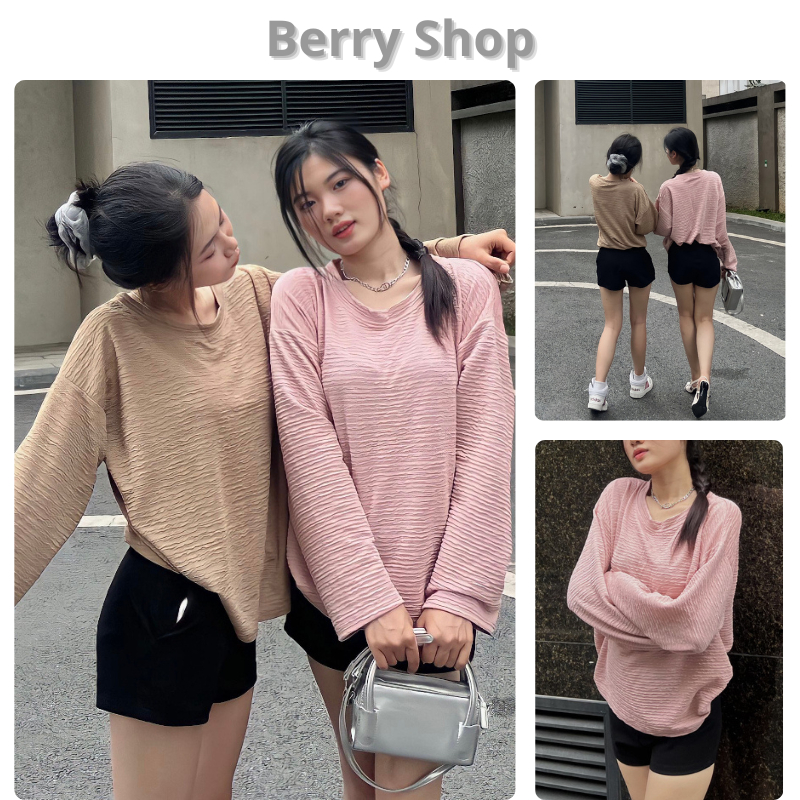 Áo dài tay xốp nhăn 5 màu berry shop - Thun kiểu form rộng cổ tròn phong cách  hotigrl hàn quốc đẹp