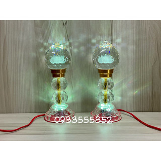 Một đôi đèn thờ pha lê trái đào 2 châu pha lê cao cấp đổi màu cao 24cm