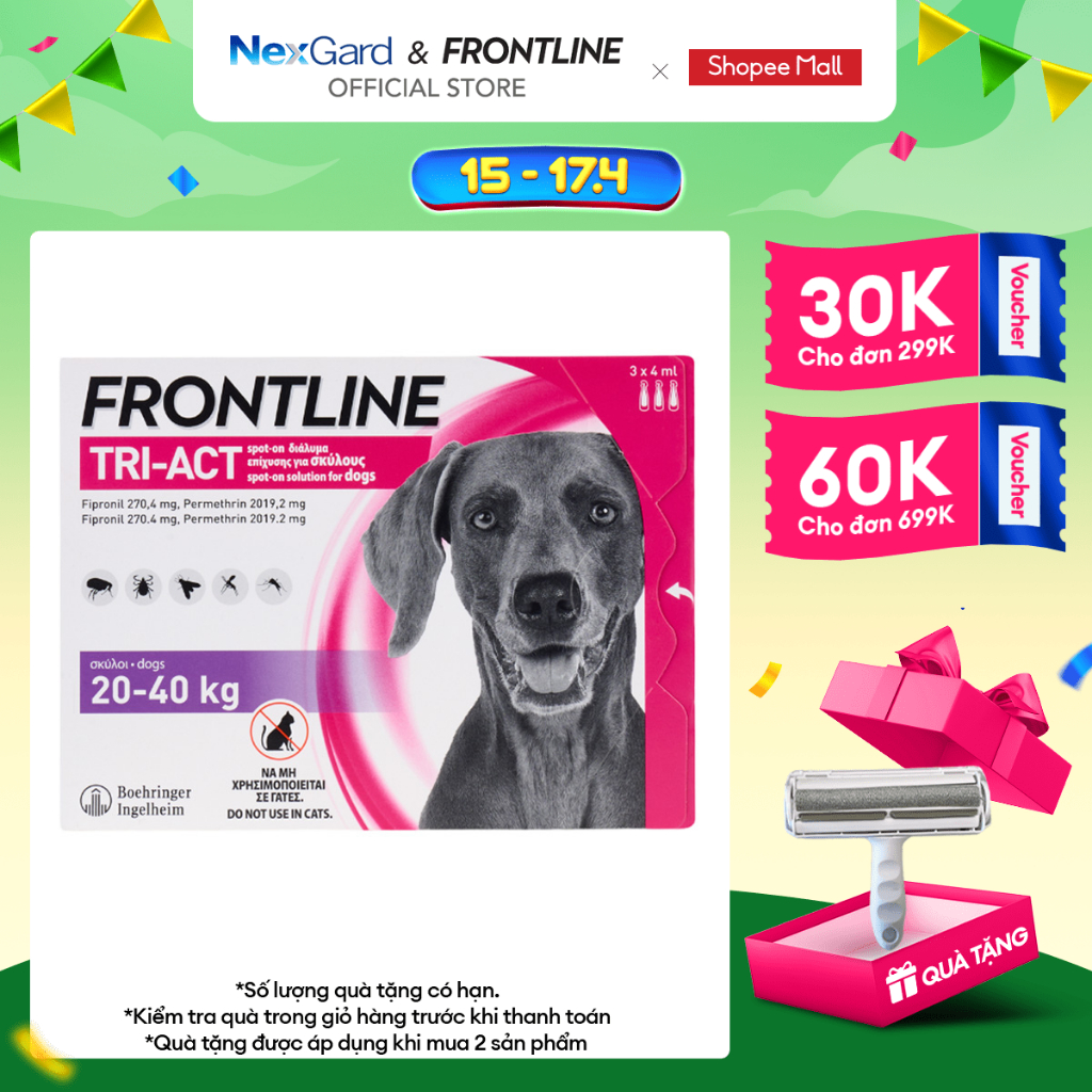 Frontline Tri-Act - Tuýp nhỏ gáy phòng & trị ve, rận, bọ chét, ruồi, muỗi dành cho chó (20-40kg) - 1 hộp 3 tuýp