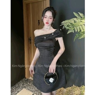Đầm dự tiệc tacta vân gỗ lệch vai đính đá dáng ngắn tiểu thư sang chảnh [Ảnh thật+Video]