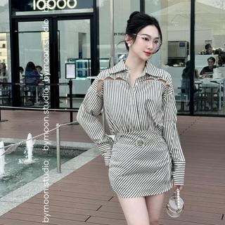 Áo sơmi dáng váy nhún hông chất đũi kẻ nhật thiết kế bymoon - v055