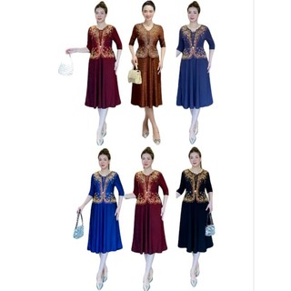 Đầm trung niên cho mẹ kiểu vest giấu bụng size lớn 75kg chất thun nhũ kim sá đính đá cao cấp, Đầm trung niên sang trọng
