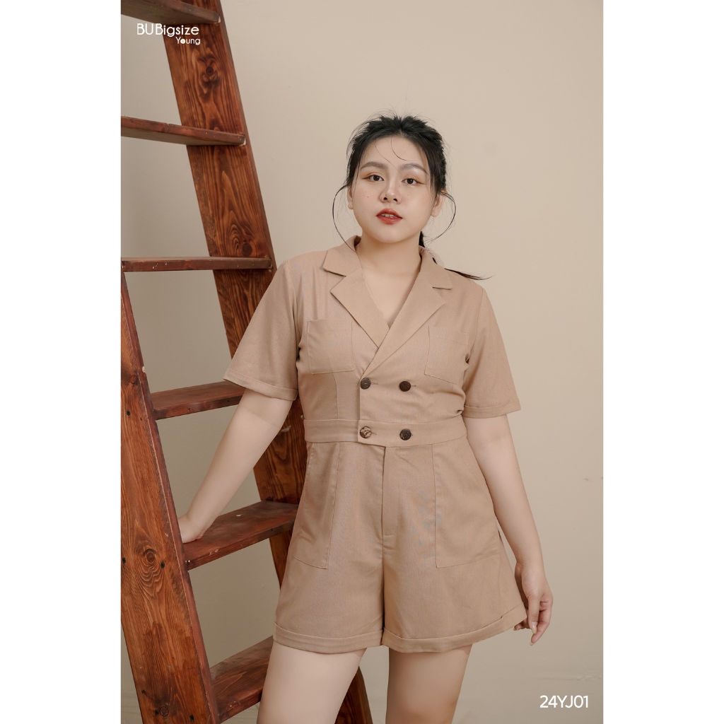 Jumsuit cộc cổ bẻ, ve gấu lơ vê BIGSIZE (55kg đến 95kg) - 24YJ01 - [BU Bigsize Young]