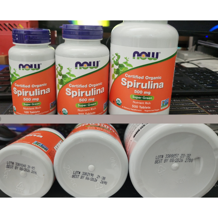 Tảo xoắn Spirulina hữu cơ @NOW Foods, Certified Organic Spirulina, 500 mg, 100 Tablets @ Hàng Mỹ Air