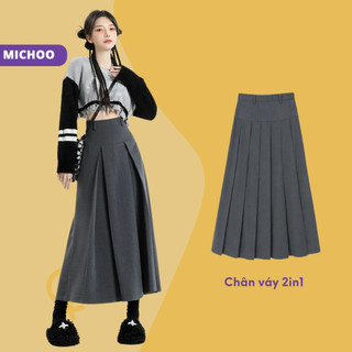 Chân Váy Midi Xếp Ly Ulzzang MICHOO Mặc Được Cả 2 Mặt Theo Sở Thích Trẻ Trung Cá Tính Màu Đen Ghi