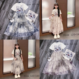 Set áo Phông Dio Chân váy maxi tơ dáng dài cho bé gái size đại 20-45kg sang chảnh xinh xắn