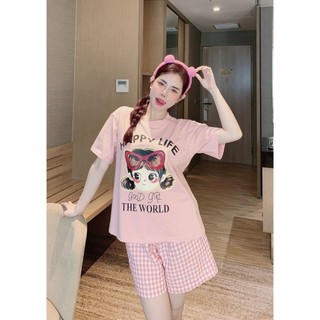 Bộ đùi nữ mặc nhà áo ngắn quần cộc chất cotton in hình dễ thương freesize 40-60kg - Chun's sleepwear