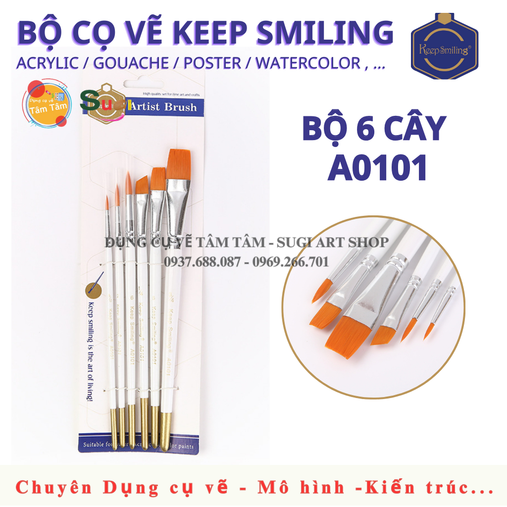 Bộ Cọ Vẽ Keep Smiling A0101 (6 Cây Thân Trắng) – Cọ Vẽ Màu Nước, Acrylic, Gouache Đa Năng